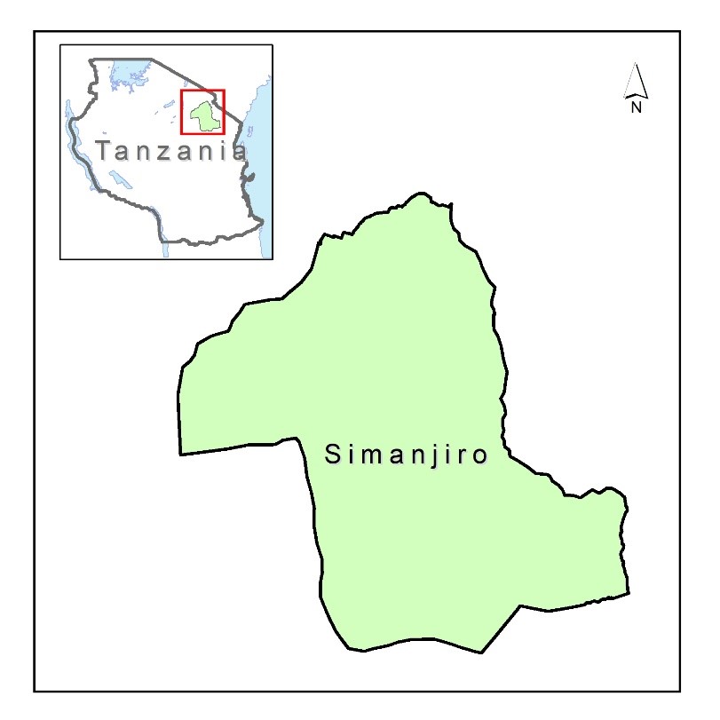 Map of Tanzania showing the location of Simanjiro district